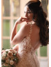 Long Sleeve Beaded Ivory Lace Tulle Deep V Buttons Back Wedding Dress